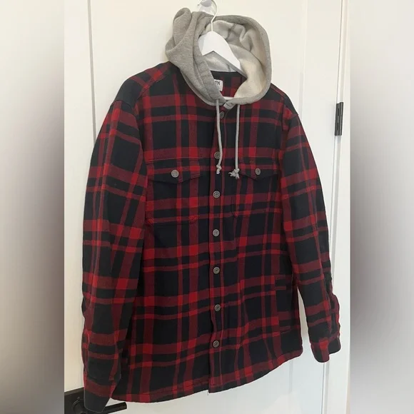 Duluth Trading Co Men Fire Hose Flannel Lined Hooded Limber Jac Red Blue Plaid M - Picture 3 of 9